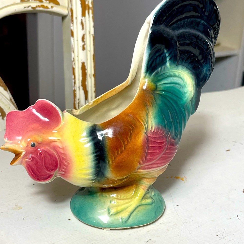 Vintage Ceramic Glazed Pottery Hen Rooster Chicken Planter Farm